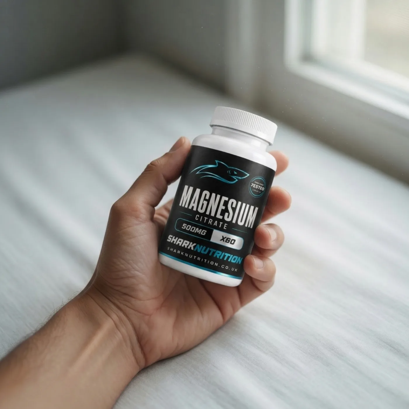 Hand holding a Shark Nutrition bottle